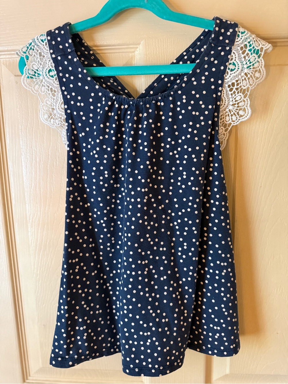 Girl’s Navy and White Polka Dot Tank with Lace Trim